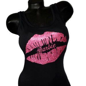 Sexy Barbie Lips on a black fitted Racerback Tank.